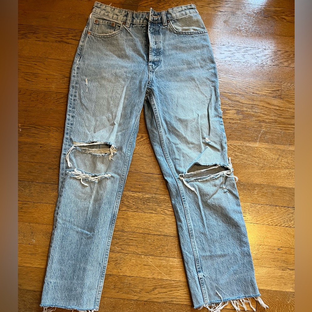 Zara Women's Distressed Light Wash Straight Jeans Size 4 Blue Denim